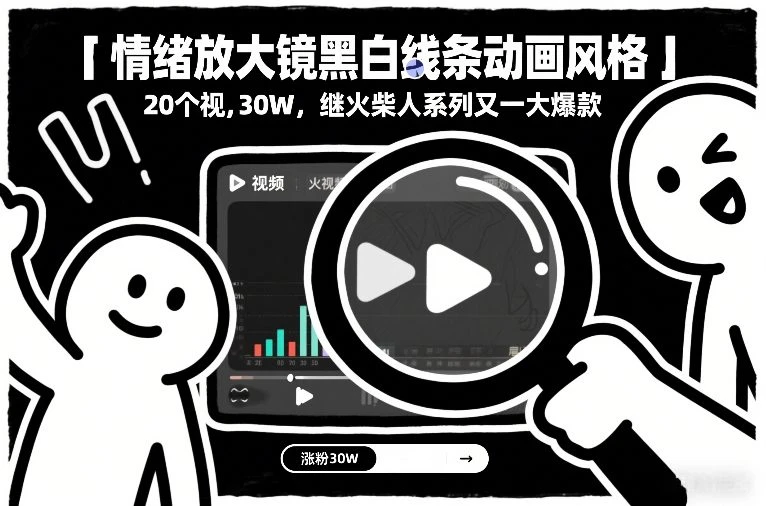 情绪放大镜黑白线条动画风格,20个视频,涨粉30W,继火柴人系列又一大爆款-BOSS 课程
