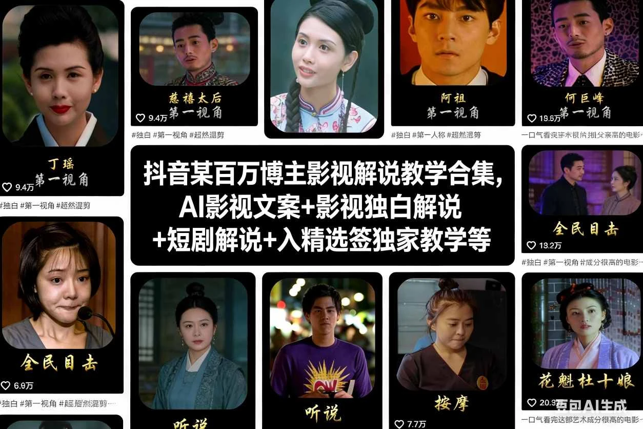 抖音某百万博主影视解说教学合集,AI影视文案+影视独白解说+短剧解说+入精选签独家教学等-BOSS 课程
