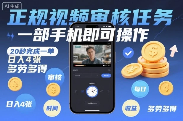 正规视频审核任务，一部手机即可操作，20秒完成一单，日入4张，多劳多得【揭秘】-BOSS 课程