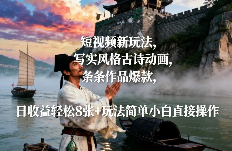 短视频新玩法，写实风格古诗动画，条条作品爆款，日收益轻松8张+玩法简单小白直接操作-BOSS 课程
