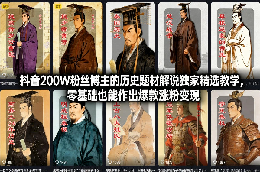 抖音200W粉丝博主的历史题材解说独家精选教学，零基础也能作出爆款涨粉变现-BOSS 课程